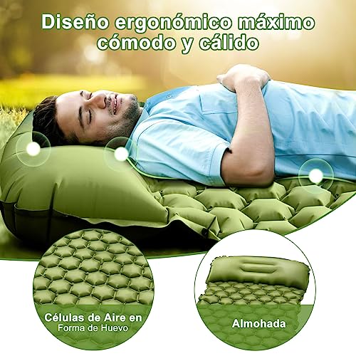 Colchoneta Inflable Camping con Almohada Incorporada, Colchoneta Inflable para Dormir, Colchón Camping Estera Durmiente Portátil, para Mochileros, Senderismo, Tiendas de Campaña y Viajes (Verde)