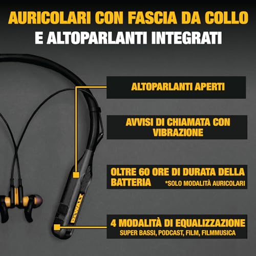 DEWALT Neckband 2-in-1 Heavy Duty Bluetooth Headphones, Wireless Earphones with Built-in Speakers, 60+ Hours Autonomy HD Microphone, IP56 Waterproof, Ideal for Construction Site, Workshop and Outdoor Black