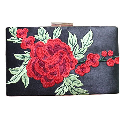 Women's Red Rose Floral Embroidered Satin Evening Clutch Vintage Metal Clasp Formal Purse(Black) - Thumbnail 7