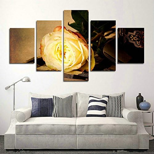 SwmArt 5 Piece Gold Fashion Rose flower canvas painting of pictures in the wall paintings of the decoration home of canvas Wall Art photos printing(40"W x 20"H, Framed)