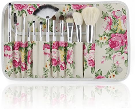 AMarkUp 12 Pcs Makeup Cosmetics Brush Set Kits with Rose Pattern Case (Goat Hair Wooden White Handle)