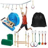 Sonyabecca Ninja Obstacle Course Kit with 7 Hanging Swing Obstacles Warrior Training with 40FT Slackline 2 Gymnastic Rings 3 Monkey Fists Monkey 2 Mokey Bar Holds 2 Tree Protector