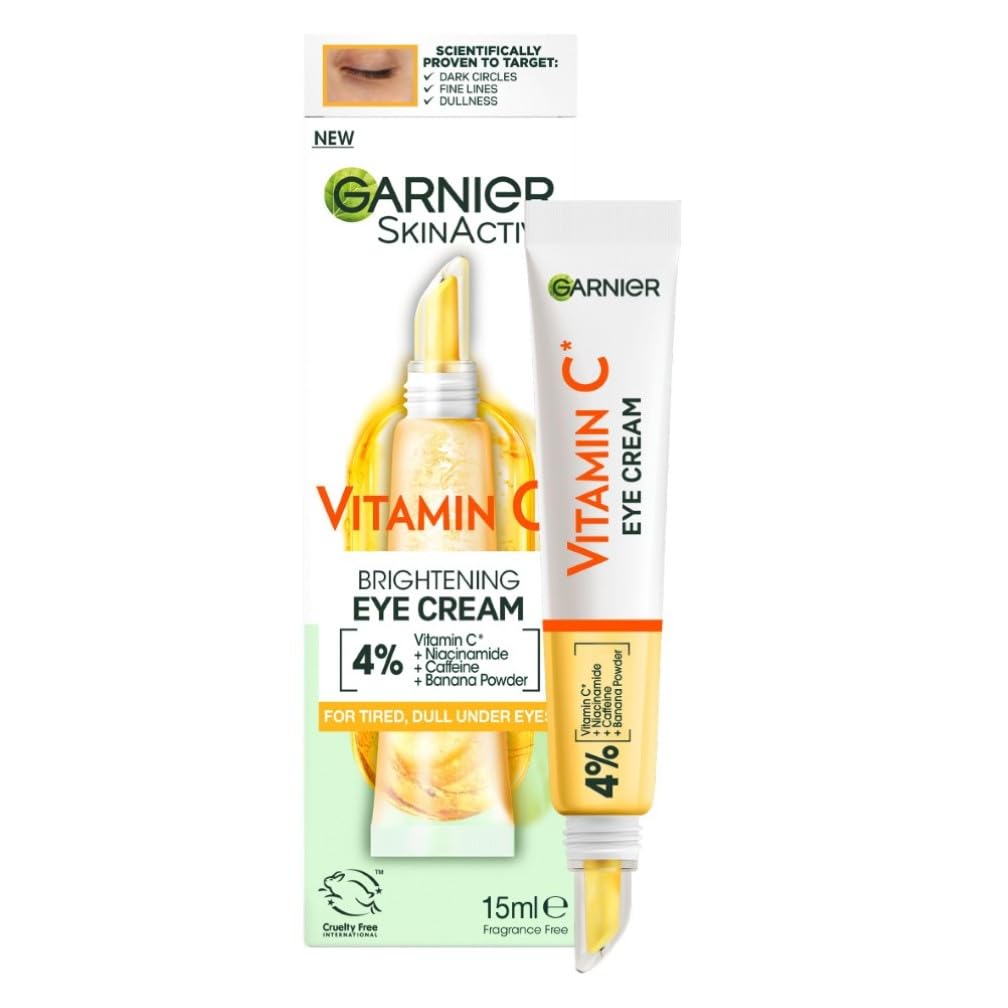 Garnier Vitamin C Eye Cream for Dark Circles, 4% Vitamin C, Niacinamide, Banana Powder, Caffeine, Brightening Eye Treatment For Dark Circles, Under Eye Bags And Puffiness, 15ml