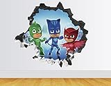 PJ Masks Wall Decal Smashed 3D Sticker Vinyl Decor Mural Art Kids - Broken Wall - 3D Designs - AH57 (Small (Wide 22