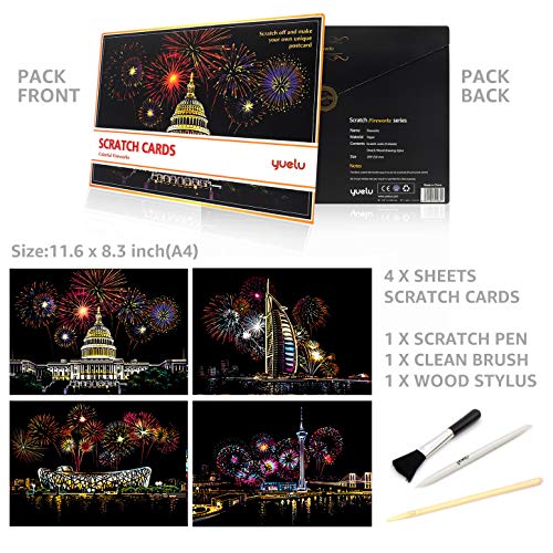 Pobec Scratch Art, Scratch Art Paper DIY Night View Scratchboard for Adult and Kids, with Scratch Paper Pens/Black Brush,8.2''x11.4'' (Fireworks)