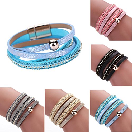BCDshop Women Bohemian Bracelets, Rhinestones Bead Leather Wrap Charm Cuff Wristband Magnetic Clasp (Pink, Alloy) - Thumbnail 3