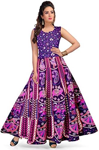 jwf Women's Cotton Jaipuri Printed Maxi Long Dress