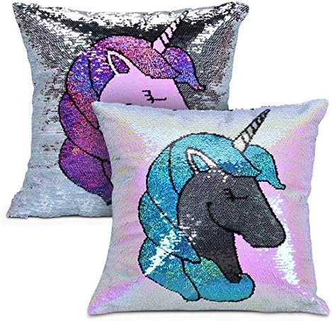 Femery Unicorn Magic Reversible Sequin Pillow Case Sequin Throw Pillow Cover Decorative Cushion Cover Girls Birthday Gift for Couch (16" x 16",1 Pack)
