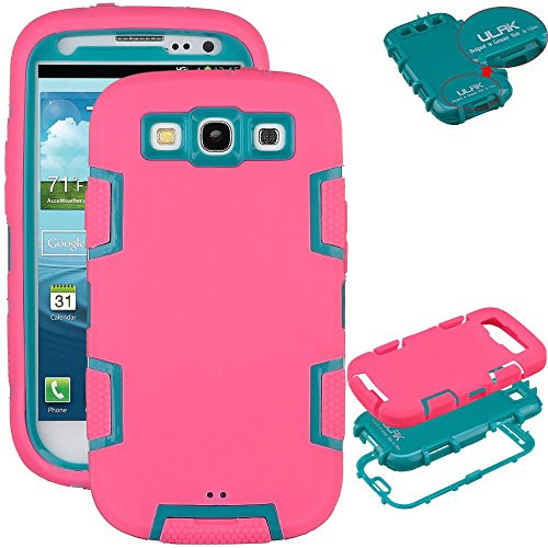 Galaxy S3 Case,ULAK S3 Case 3in1 Rubber Combo Hybrid Impact Silicone Hard Case for Samsung Galaxy S3 i9300 (Teal PC/Rose Red Rubber)