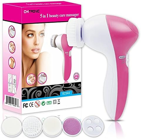 ARCE 5 in1 Multifunction Portable Electric Facial Cleansing Brush Skin Care Electric Massager/Scrubber with Facial Latex Brush Cosmetic Sponge(pink)