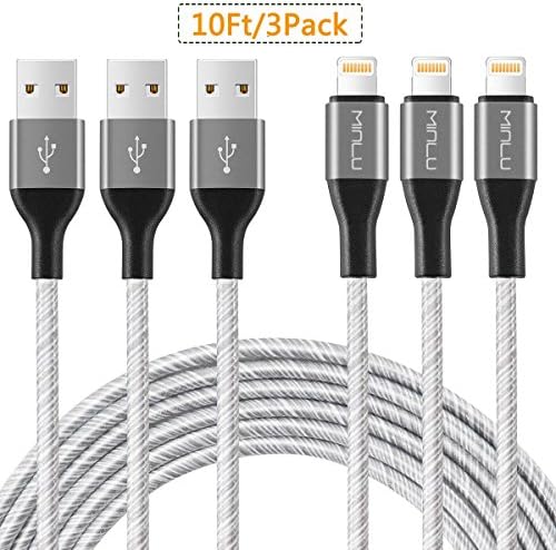 Minlu lightning wire, 3Pack 10FT Extra Long Braided lightning to USB Data Cable Fast Sync Cord Compatible with iPhone7 7Plus 6s 6sPlus 6 5s 5c, iPad Air, iPod touch.
