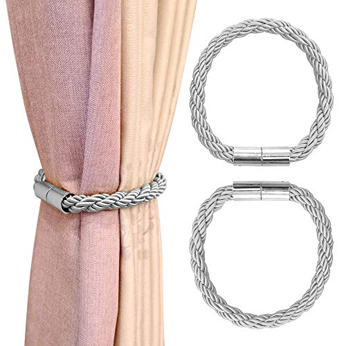 Manfore Magnetic Curtain Tiebacks, 2 Pack Convenient Drape Tieback, Decorative Rope Holdback Holder for Big, Wide or Thick Window Drapries (19 Inch Long, Silver)