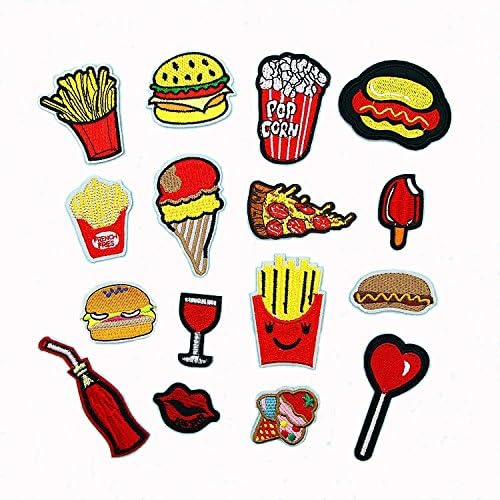16pcs/lot Cloth Patches Garment Applique DIY Decoration Accessories Iron On Patch Set- Pizza Hamburger Ice Cream Cola French Fries Popcorn Hot dog Red Wine Red Lips Sandwich Candy Patch