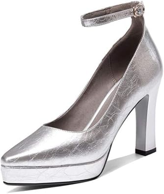 Amazon パンプス シルバー ストラップ 歩きやすい 9 5cmヒール 痛くない 脱げない アンクルストラップ シューズ ポインテッドトゥ 防水台 太めヒール 純色 浅い口 靴 オフィス シンプル サンダル 韓国風 婦人靴 春 ノーブランド品 パンプス