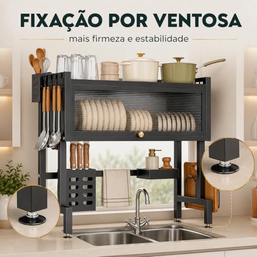 Laruno Escorredor de Louça Suspenso 75cm Preto Organizador de Pia Cozinha com Porta Pratos, Copos, Talheres, Utensílios e Escova de Limpeza