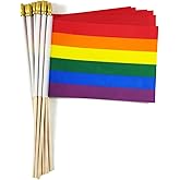 QQSD Rainbow Gay Pride Small Flag Stick Mini Hand Held LGBT Flags - Solid Wooden Pole with Spear Top, 12 Pack