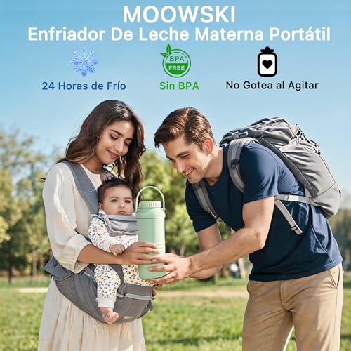MOOWSKI Enfriador de Leche Materna Portatil 22OZ [Mantiene Fría por Más de 24 Horas] Termo para leche materna con 2 Botellas de 300ml, Sin BPA Botellas para Viajes y Exteriores - Enfriador de Leche Materna de Acero Inoxidable - Verde
