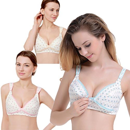 Women's Comfort Nursing Underwear Front Button Wirefree Maternity Bra Floral Sleep Breastfeeding Bra(S-Blue&amp;Pink&amp;Skin-3PCS)