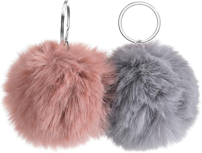 ueslwser 2Pcs Pom Pom Keyring Womens Faux Fur Fluffy Pompom Keychain Cute Soft Keyring Pom Pom Charm Hanging with Car Key Backpack Handbag, Gray, M