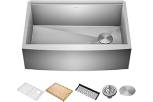 KRAUS Kore Workstation 30-inch Farmhouse Flat Apron Front 16 Gauge Single Bowl Stainless Steel Kitchen Sink with Integrated Ledge and Accessories (Pack of 5), KWF410-30