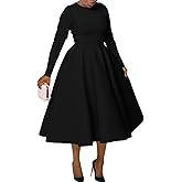 Famnbro Women's Vintage Cocktail Dresses 1950s Round Neck Long Sleeve A Line Formal Church Swing Maxi Dress