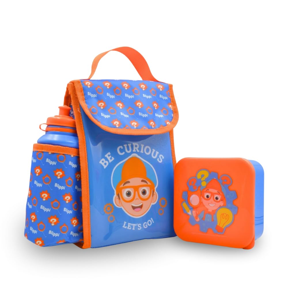 HOX Blippi 3 Piece Lunch Bag Set for Kids | School Set with Insulated Lunch Bag, 400ml Water Bottle and Snack Pot | Carry Bag with Bottle Holder