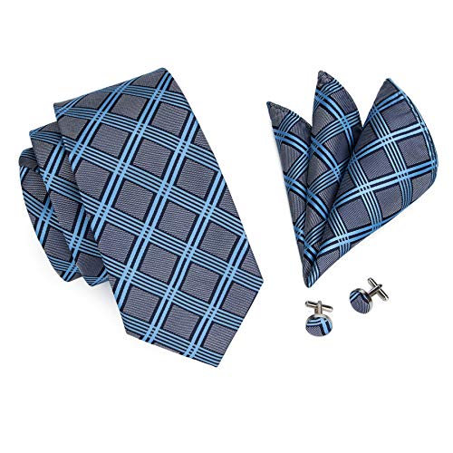 Grey Plaid Check Tie Set Mens Formal Silk Necktie with Hanky and Cufflinks - Thumbnail 5