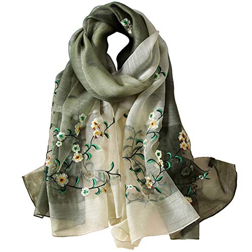 Alysee Women Soft Warm Silk&Wool Mixed Gradient Embroidered Scarf Headwrap Shawl Olive Green