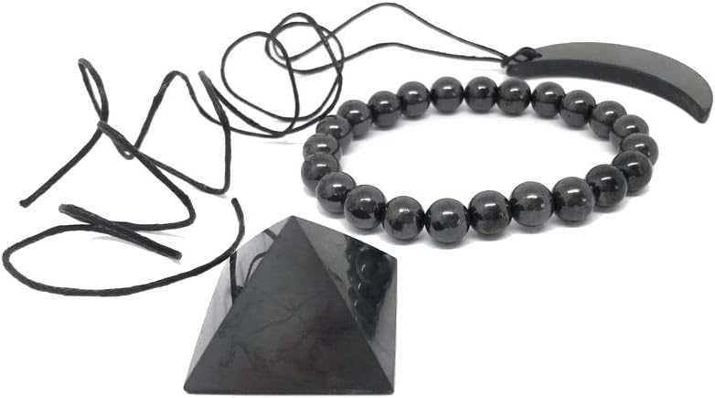 Karelian Heritage Authentic Shungite Stone Pendant and Black Crystal Pyramid Protection Set