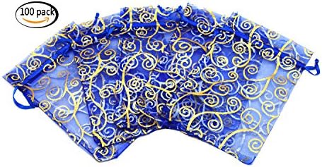 Set of 100,4x6 Inches Sheer Organza Drawstring Pouches with Vines Printing for Festival Wedding Party Favor Candy Wrap Bags by JSSHI (Blue with Golden Vines)