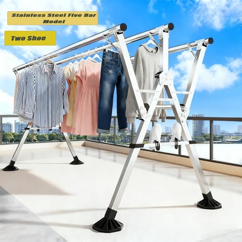 ZERIFAM Foldable Clothes Drying Stand, Heavy Duty Drying Rack, Comes with Two Shoe Supports, Thickened Stainless Steel Dryings Racks, Save Space, Windproof, Indoor Outdoor Use