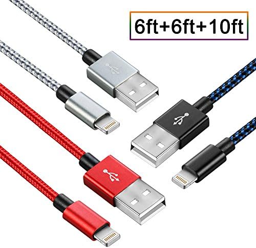 iPhone Charger, Kinwal 3Pack 6FT 6FT 10FT Nylon Braided 8 Pin High Speed Lightning Cable Charging Cables USB Charger Cord, for iPhone 7/7 Plus/6s/6s Plus/6/6 Plus/5/5S/5C/SE/iPad and iPod