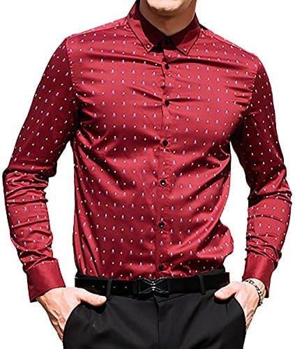 JHVYF Mens Long Sleeve Dot Print Button Down Dress Shirt Casual Business Slim Fit Shirts Red US L(Asian Tag 2XL)