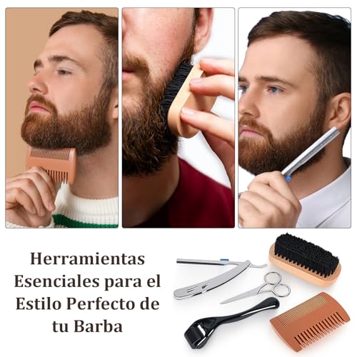 Kit Barba 13 en 1 para Hombre – Cuidado Completo con 2 Aceites para Crecimiento, Limpiador, Acondicionador, Sérum, Bálsamo, Rodillo, Peine y Navaja de Afeitar – Kit para Barba y Regalos para Papá y Novi