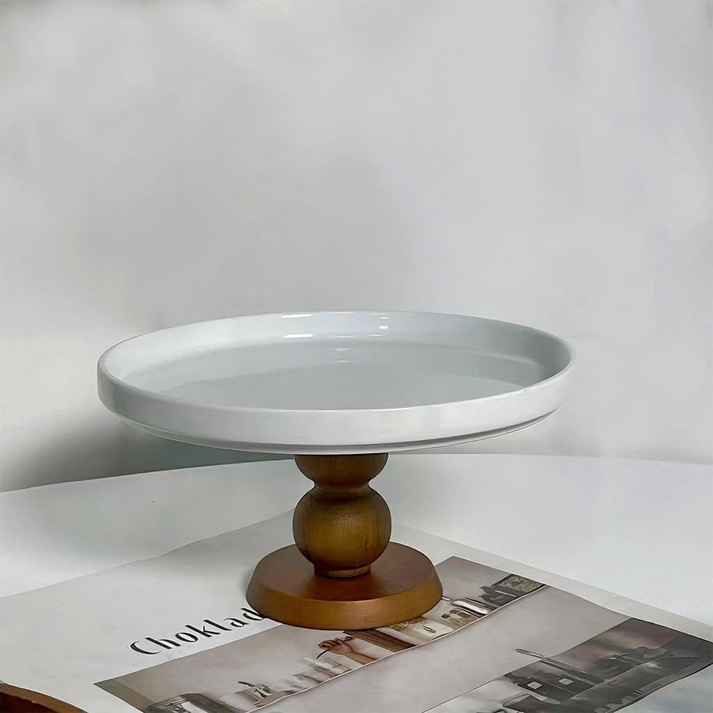 Photo 1 of White Cake Stand Small Mini Cake Pedestal Plate Stand, 6 inch Vintage Ceramic Round Wood Pie Stand for Party Wedding, Candle Jewelry Decorative Tray (Brown Wooden High-Foot)