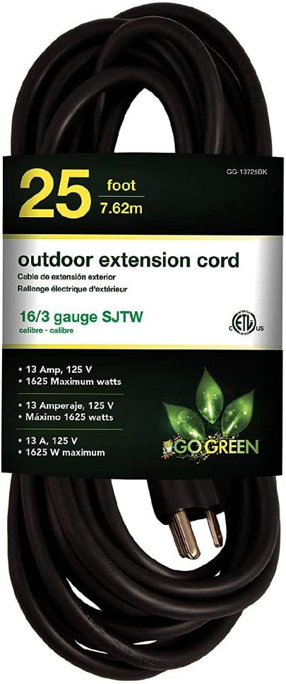 Go Green Power GG-13725BK 16/3 25' Heavy Duty Extension Cord-Black, 25ft, 25 Ft - - 