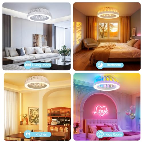 GLOFAN 46cm Ceiling Fan with Light and Remote Control, 6 Speed Silent Chandelier with Ceiling Fan, Timer, 3000k-6500k & RGB Ceiling Light Fan for Bedroom Living Room