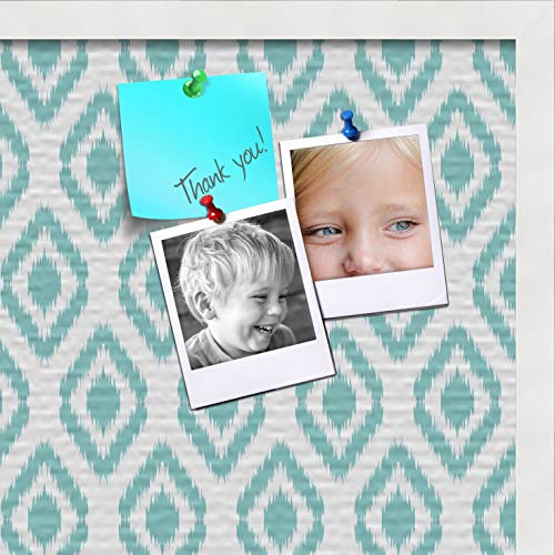 PinPix custom printed pin cork bulletin board made from canvas, Ikat Aqua 24x18 Inches (Completed Size) and framed in Satin White Frame (PinPix-Group-65)
