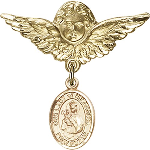 Gold Filled Baby Badge with Our Lady of Mount Carmel Charm and Angel with Wings Badge Pin
