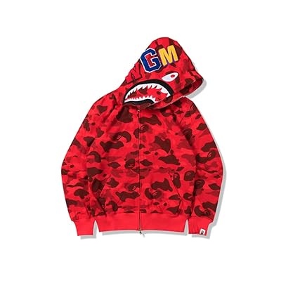 Red Cheap Bape Jackets Bape Shark Camo Hoodie Zip-Up Jacket For