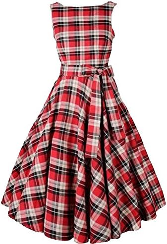 Lamazyan Womens Vingtage Plaid 50s Hepburn Slim Fit Pinup Dress RedX-Small