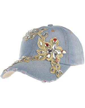 Ladies Denim Jean Campagne Bling Flower Pattern Adjustable Baseball Cap