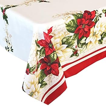 Newbridge Blooming Poinsettia's Double Bordered Christmas Fabric Tablecloth, Traditional Red and White Poinsettia Print Easy Care, Stain Release Tablecloth, 52 Inch x 70 Inch Oblong/Rectangle