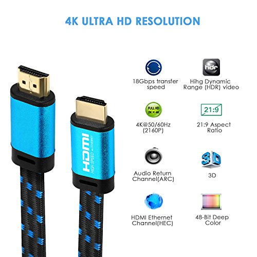 4K HDMI Cable 3.3 FT - (2 PACK) FiveHome HDMI 2.0(4K@60Hz) Ready - 18Gbps - 30 AWG Braided Cord -Supports 4K HDR, 3D, 2160P, 1080P, Ethernet for TV, Monitor, Xbox, PS4/3,Blu-ray Player, HDMI Switcher