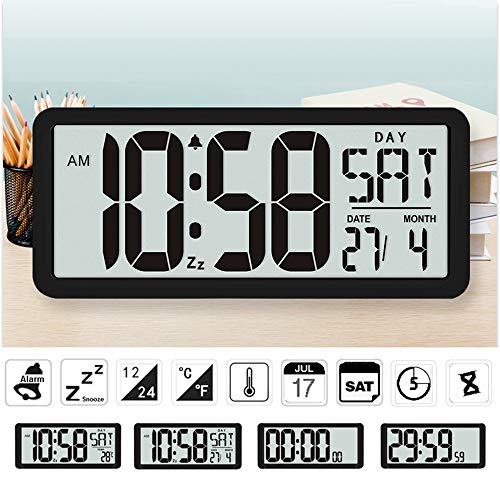 TXL 15.4" Jumbo Digital Alarm Clock Extra Large LCD Display 4.4" Bold Font Calendar Temperature Count-Up Countdown Timer, Battery Operate Office Kitchen School Warehouse Gym Wall/Desk,Black - Thumbnail 5