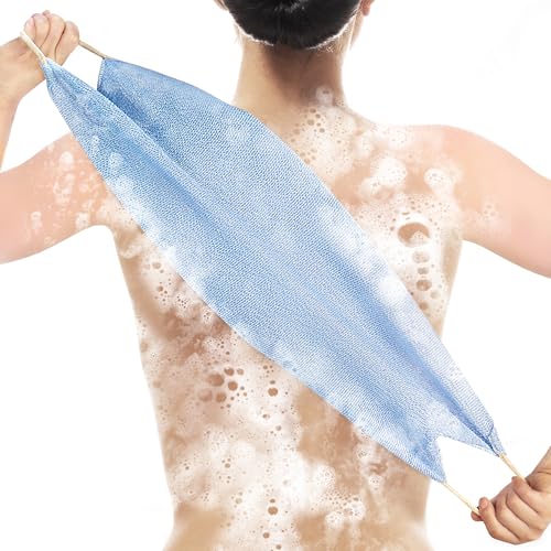 Culture Gifts Extended Exfoliating Back Scrubber with Handles, Nylon Cleaning Exfoliator Washcloth for Body, Stretchable Pull Strap Soft Quick-Drying Rough Scrub Towel, Blue