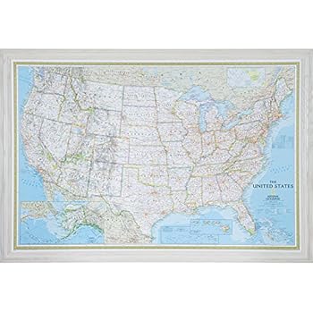 Craig Frames Wayfarer, Classic United States Push Pin Travel Map, Traditional Whitewash Solid Wood Frame and Pins, 24 by 36-Inch