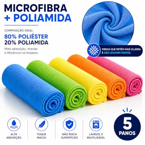 Pano de Microfibra Kit Com 5 unidades, Não Solta Fiapos e Pelinhos, Não Risca, Perfeito Para Lavagem de Carros, Multiuso, Lavável, Reutilizável, Limpeza, Automotivo, Vidro, Doméstica, Limpa Espelho