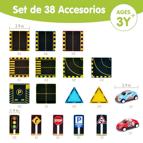 hahaland Magnetic Building Blocks for Kids, 38 Pieces Magnetic Tiles with City Roads and 2 Pull Back Cars, Compatible Magnetic Parts for Kids 3 4 5 6 Years Old