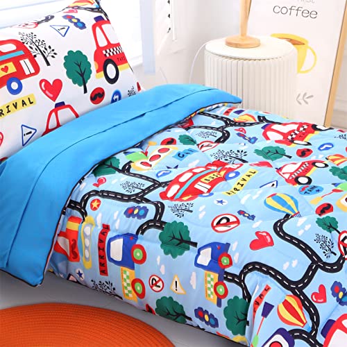 Wowelife Toddler Bedding Set Blue, Premium 4 Piece Car Toddler Bed Set